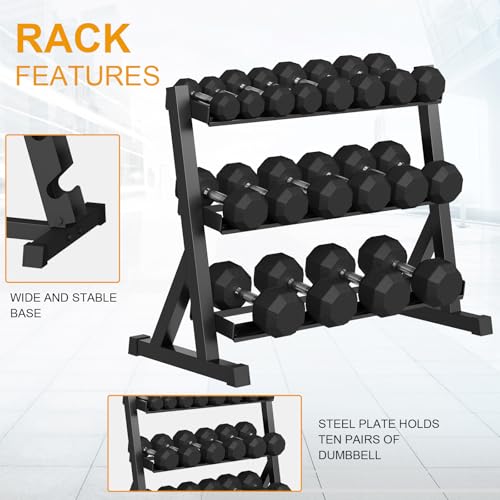 Rubber Coated Hex Dumbbell Weight Set with Rack for Home Gym T691259