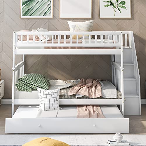 Harper & Bright Designs Twin Size Loft Bed with L-Shaped Desk and Stairs, Solid Wood, White D768