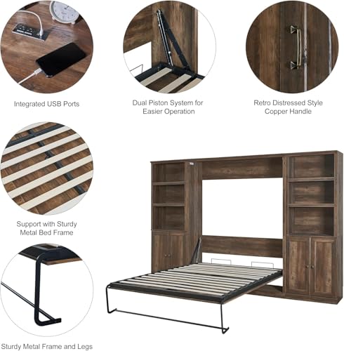 MERITLINE Queen Murphy Bed with Storage Bookcase and Charging Station E996