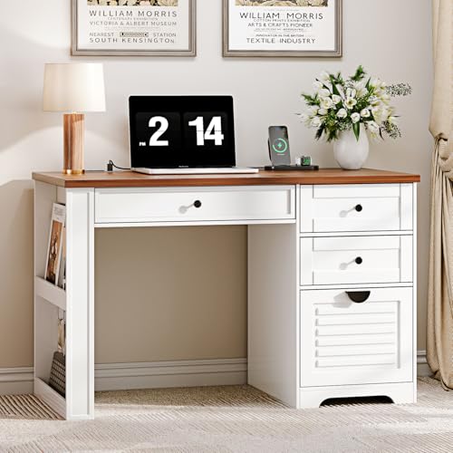 Antique Cream 59" Executive Farmhouse Computer Desk with 7 Drawers and Charging Station R75936