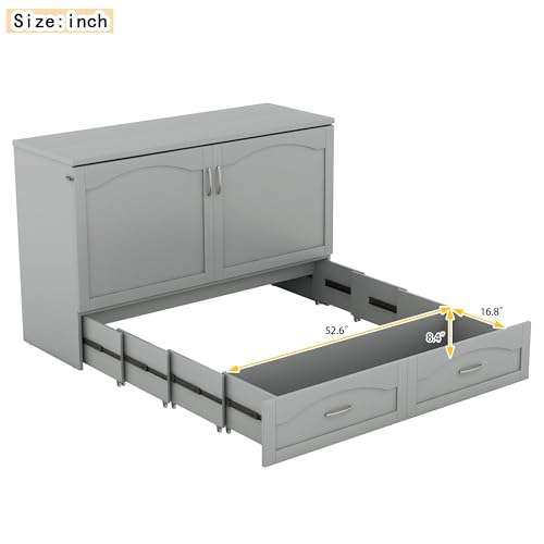 Convertible Murphy Bed 2-in-1 Solid Wood Wall Bed with Drawer & USB Ports, Queen, Grey W146