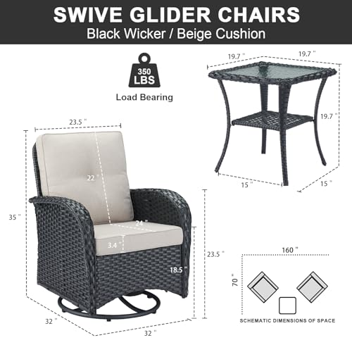 Outdoor Wicker Swivel Rocker Chairs Set of 2 with Rattan Side Table, Brown/Blue B592
