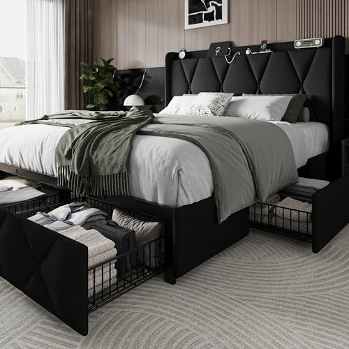Queen Bed Frame with 4 Storage Drawers and Charging Station, Black S804993
