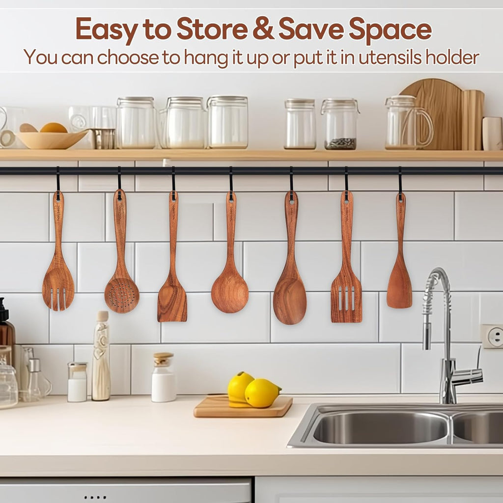Natural Teak Wooden Spoon Set for Cooking with Utensil Holder R9060