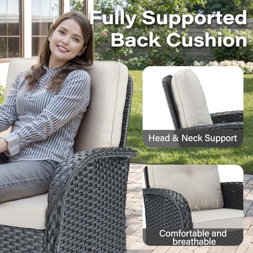 Outdoor Wicker Swivel Rocker Chairs Set of 2 with Rattan Side Table, Brown/Blue B592
