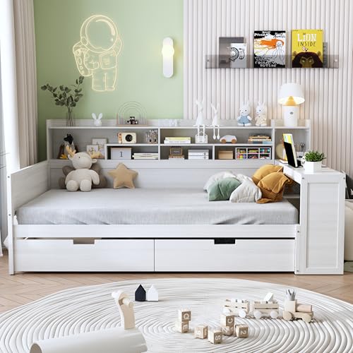 Bellemave Twin Corner Bed Frame with Storage Shelves and Desk, Gray L74206