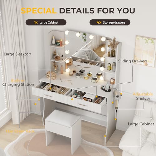 White Vanity Desk with LED Mirror and Storage Stool D5834