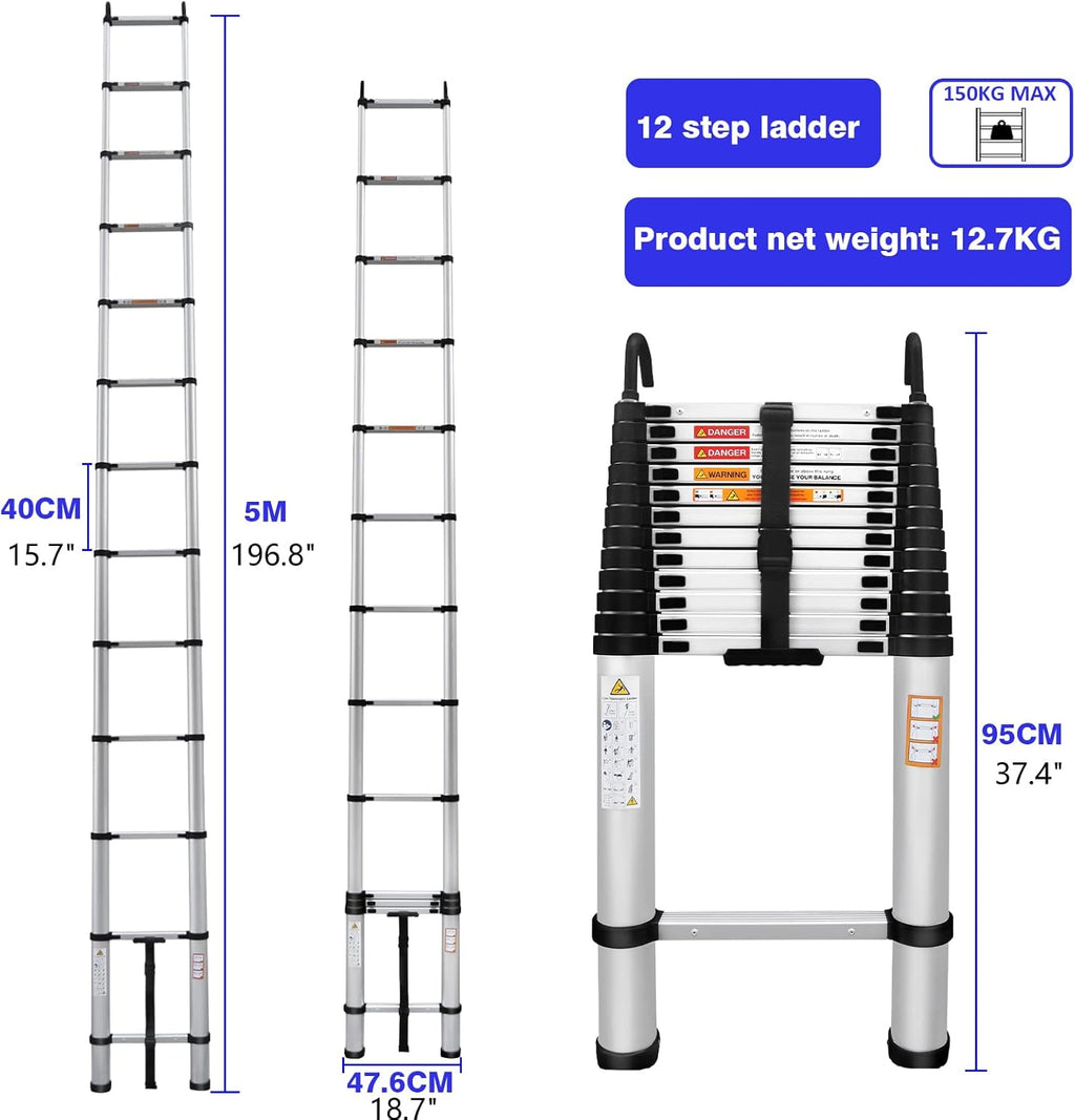Telescoping Ladder 16FT Aluminum with Roof Hooks, 330lb Capacity T8955