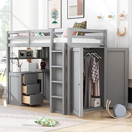 Harper & Bright Designs Full Loft Bed with Desk, Wardrobe, Solid Wood N868457