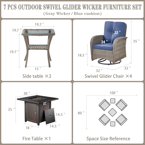 Outdoor Wicker Swivel Rocker Chairs Set of 2 with Rattan Side Table, Brown/Blue B592