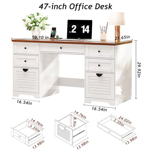 Antique Cream 59" Executive Farmhouse Computer Desk with 7 Drawers and Charging Station R75936