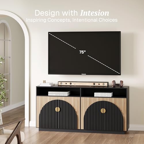 BELLEZE 65 Inch Fluted Buffet Cabinet with Storage, Caramel Brown U96619