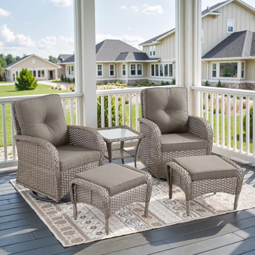 Outdoor Wicker Swivel Rocker Chairs Set of 2 with Rattan Side Table, Brown/Blue B592