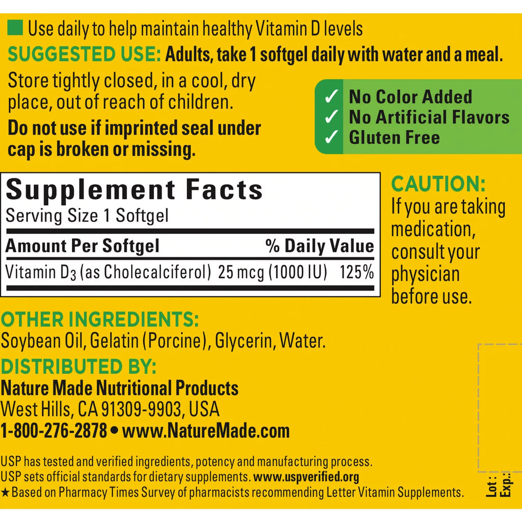 Nature Made Vitamin D3 1000IU Softgels, 650 Count S227305