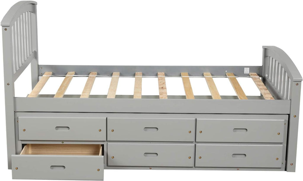 Twin Size Platform Storage Bed Solid Wood with 6 Drawers, Gray V756792