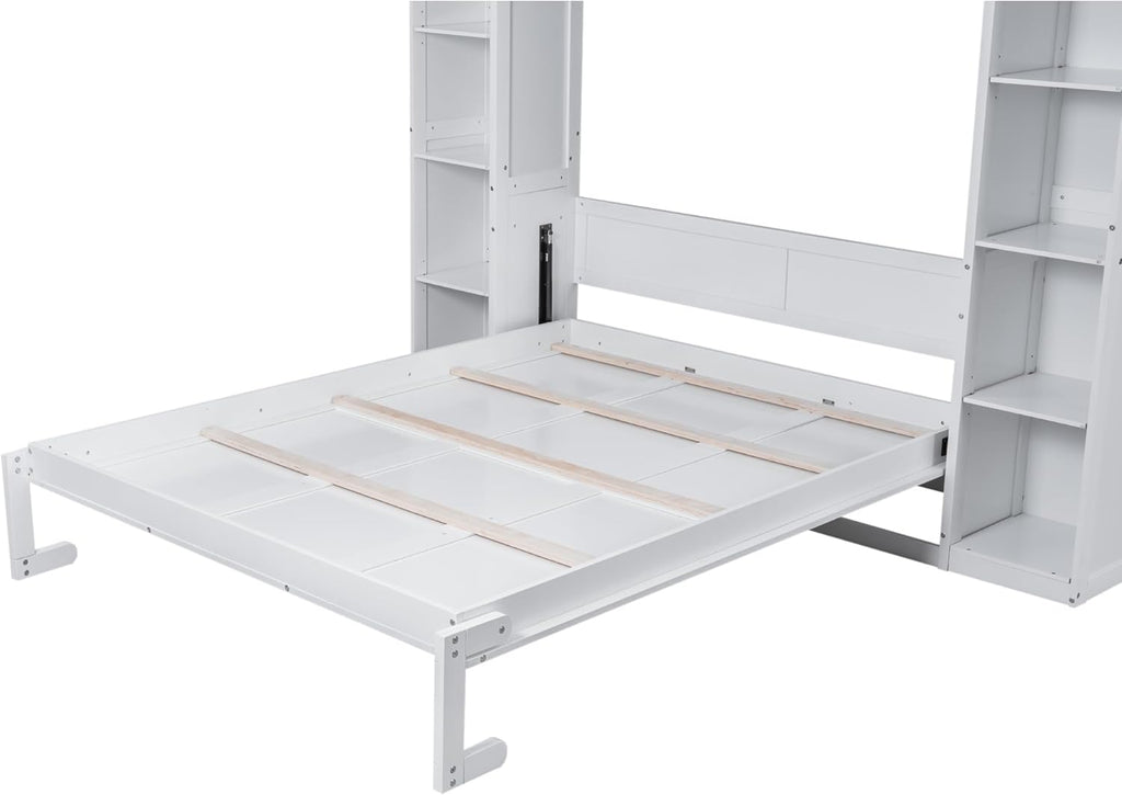 Merax Murphy Bed Queen Size Wooden Wall Bed with Shelves and LED Lights, White U14073