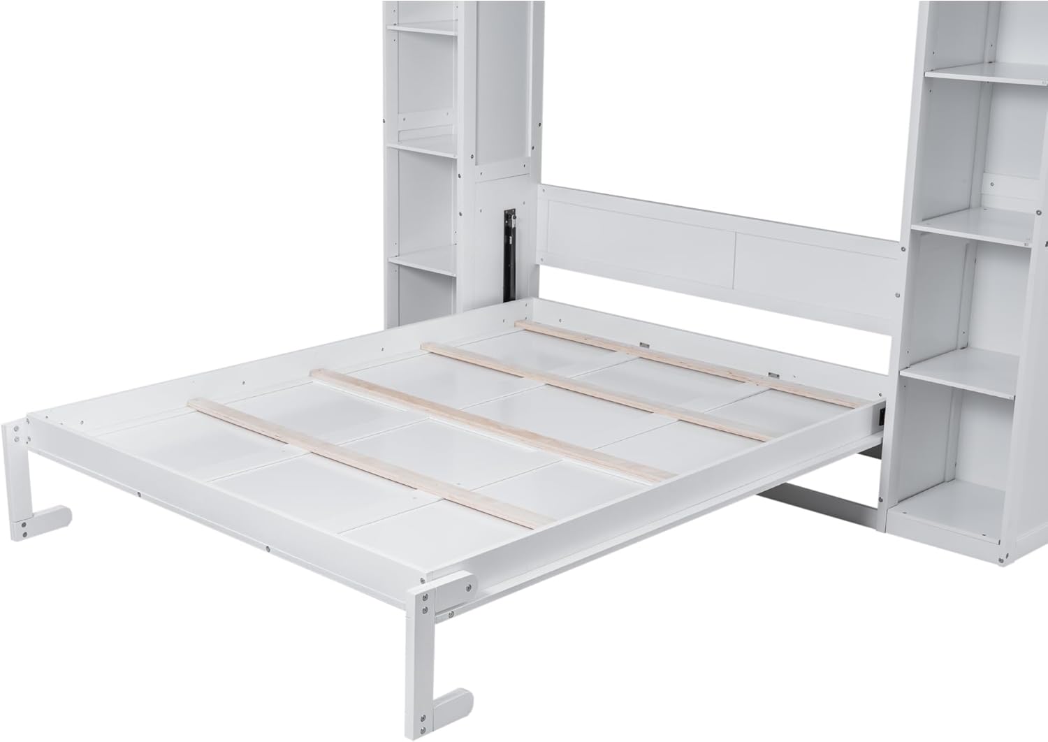 Merax Murphy Bed Queen Size Wooden Wall Bed with Shelves and LED Lights, White U14073
