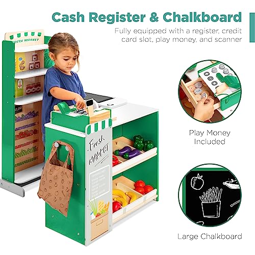 Pretend Play Grocery Store Wooden Supermarket Toy Set for Kids with Play Food, Cash Register, Conveyor - Red I3448