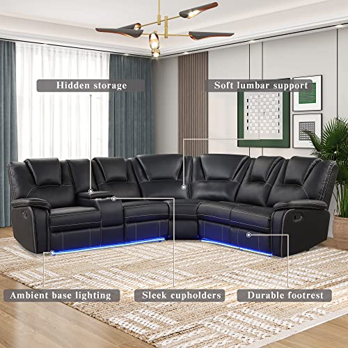 PU Leather Manual Reclining Sectional Sofa with Cup Holders, Brown E3190