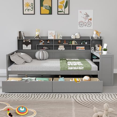 Bellemave Twin Corner Bed Frame with Storage Shelves and Desk, Gray L74206