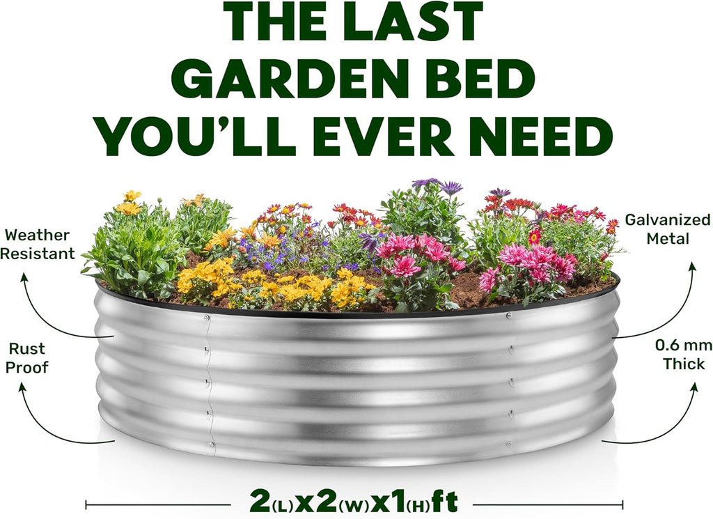 Round Galvanized Raised Garden Bed 2x2x1 ft Outdoor Planter G351876