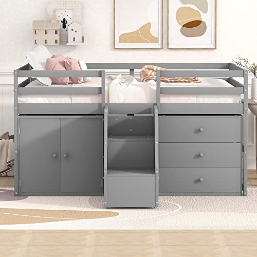 Full Size Low Loft Bed with Retractable Writing Desk and Storage Q64739