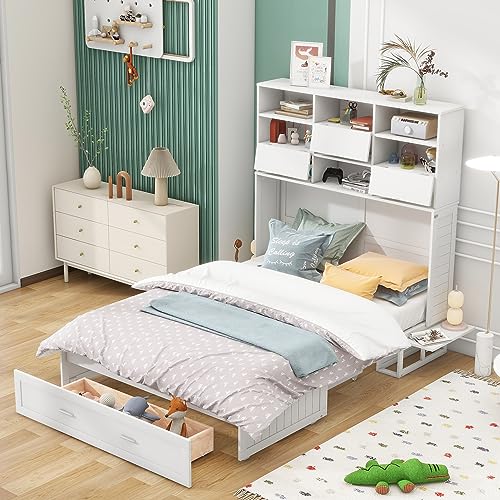 Queen Size Solid Pine Murphy Bed Chest with Charging Station and Storage Drawer K498