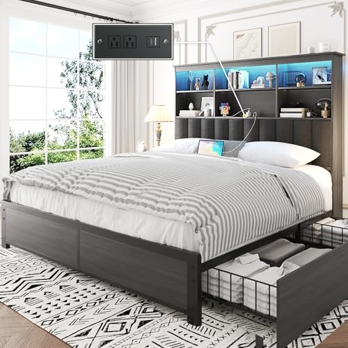 Lifezone Queen Bed Frame with Bookcase Headboard, Storage Drawers & Charging Station, Rustic Grey V4785