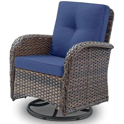 Outdoor Wicker Swivel Rocker Chairs Set of 2 with Rattan Side Table, Brown/Blue B592