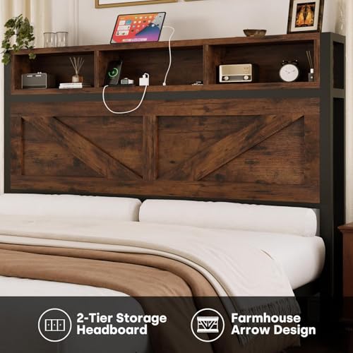 Farmhouse Full Bed Frame with Bookcase Headboard, Charging Station, Brown K11127
