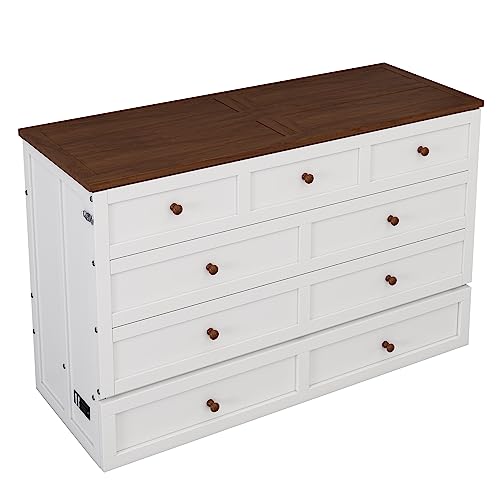 Ball & Cast Queen Size Solid Pine Murphy Bed with Charging Station, White + Walnut P2075