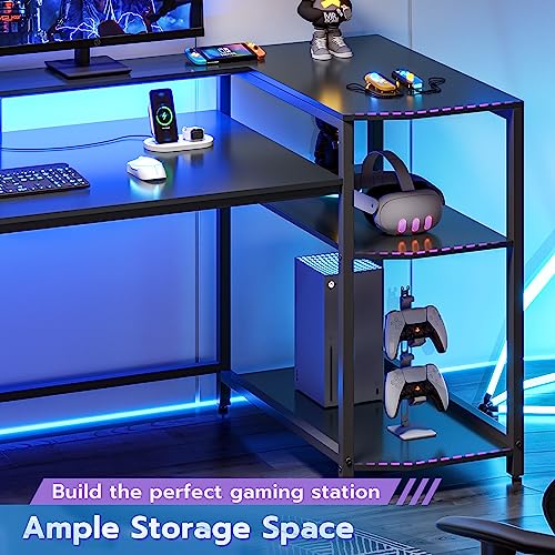 SEDETA Gaming Desk 70.8'' with LED Lights and Storage Shelves, Black Y2845