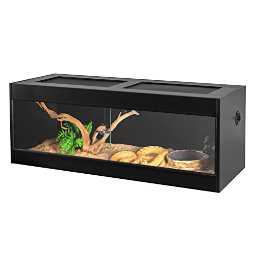 OIIBO Reptile Original Wood Enclosure, Large & Wide Reptile Terrarium with Double Hinge Sliding Doors and Top Screen Ventilation Black Reptiles Habitat Lounge (48"x24"x24")