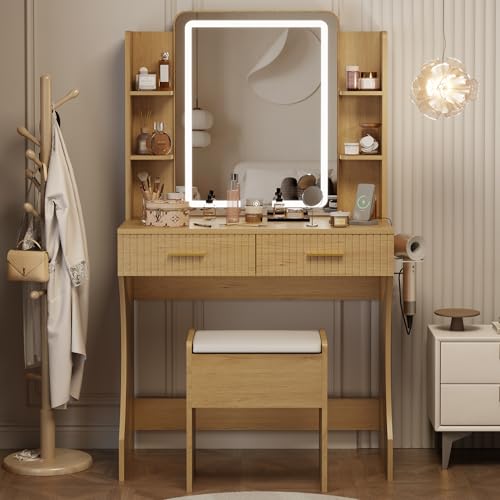 White Vanity Desk with LED Mirror and Storage Stool D5834