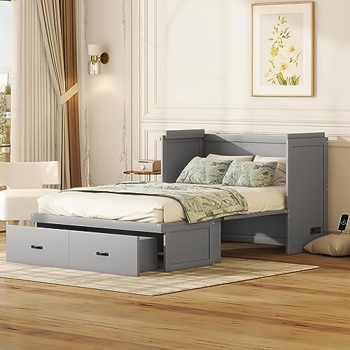 Queen Size Murphy Bed with Shelves and LED Lights, Foldable Wood Wall Bed Frame with Flexible Slats Support, Can Be Folded Into Cabinet for Guest Room Bedroom Office,Space-Saving (White-AB39)