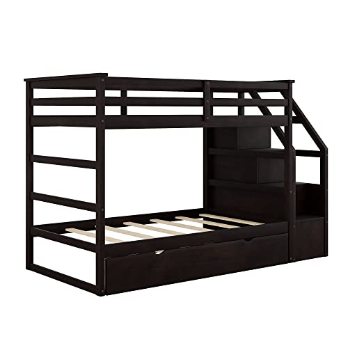 Twin-Over-Twin Bunk Bed with Trundle and Storage Stairs, White P5312