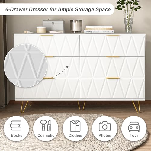 Vibe & Dine White 6 Drawer Dresser with Gold Handles N790944