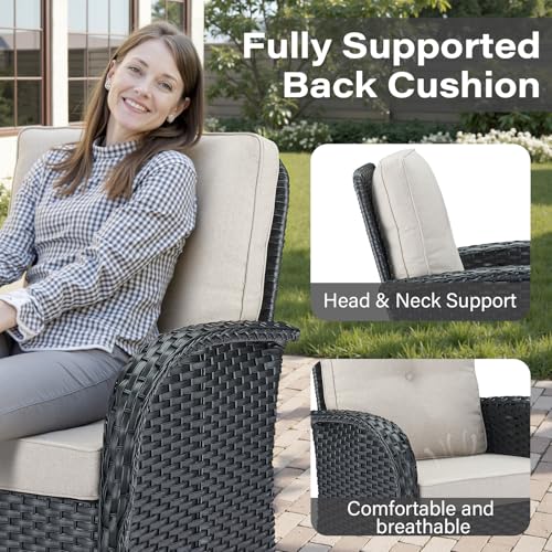 Outdoor Wicker Swivel Rocker Chairs Set of 2 with Rattan Side Table, Brown/Blue B592