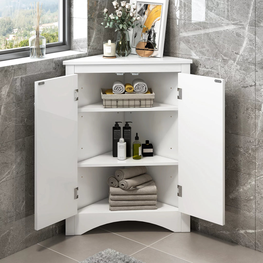 ANTSKU Corner Cabinet with Doors, 2 Adjustable Shelves, White Q2473