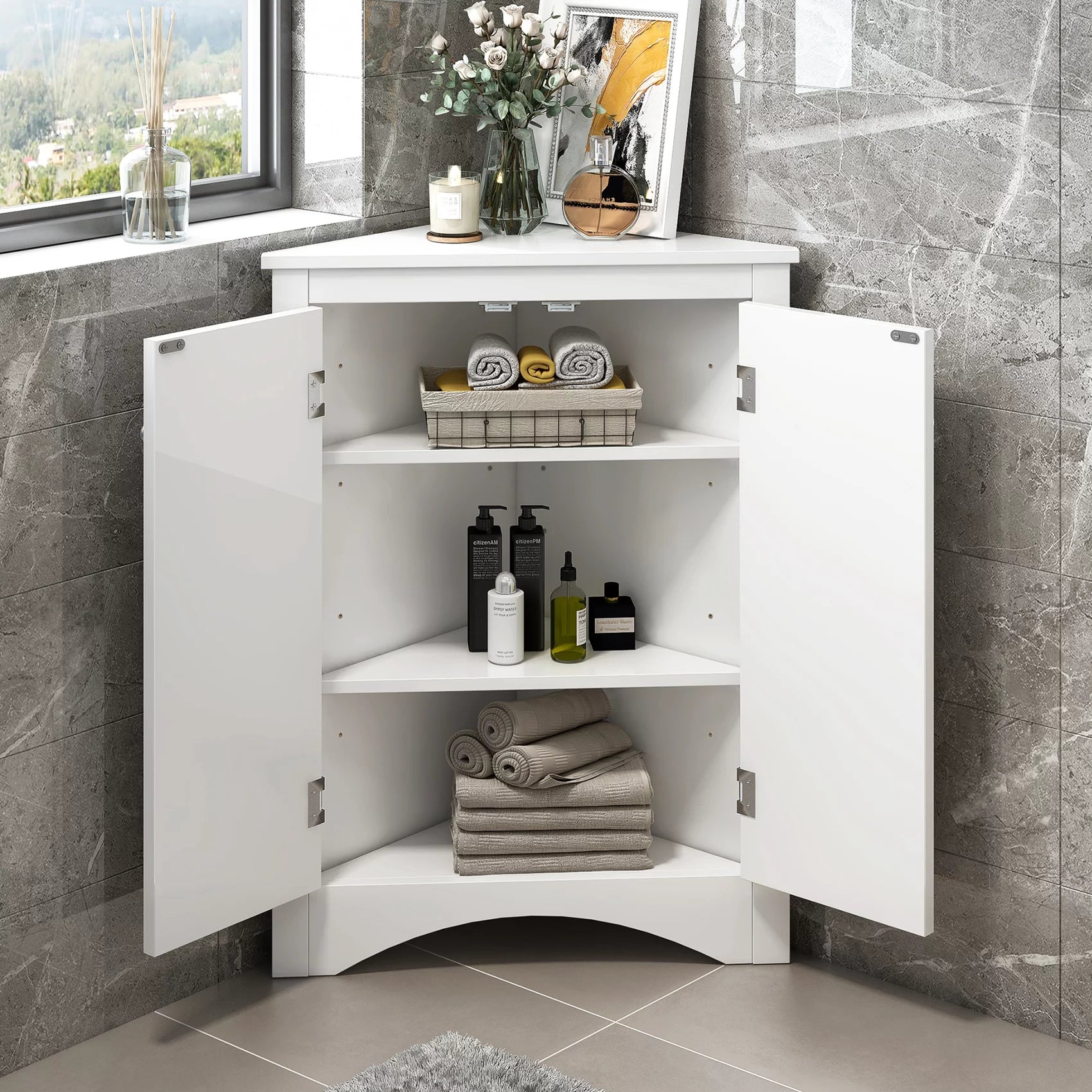 ANTSKU Corner Cabinet with Doors, 2 Adjustable Shelves, White Q2473