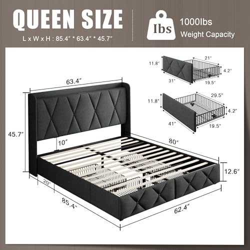 Queen Bed Frame with 4 Storage Drawers and Charging Station, Black S804993