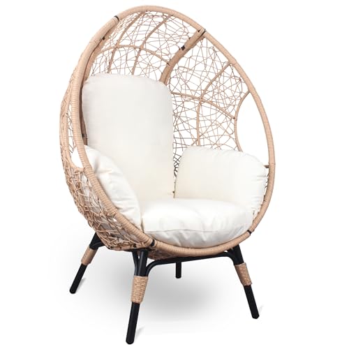 Patio PE Wicker Egg Chair with Rattan Beige Cushion, 2 Pieces P34252