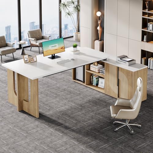 Tribesigns 74.8" L Shaped Executive Desk with Shelves, Black and Brown R6407