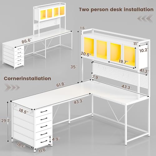 SEDETA L Shaped Gaming Desk with Drawers, LED Lights, and Power Outlet O3738