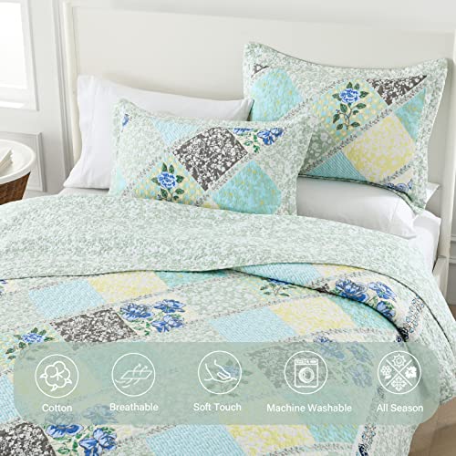 Finlonte Quilts Queen Size Set, Floral Patchwork Blue Grey Farmhouse Cotton Reversible Bedding U736679