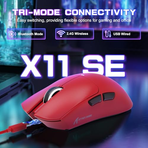 Attack Shark X11SE Wireless Gaming Mouse, Tri-Mode 22K DPI, 59g, Berry Red Y3775
