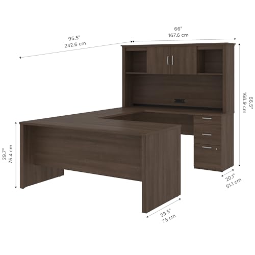 Bestar Logan 66W U or L-Shaped Executive Office Desk with Pedestal and Hutch, Bark Grey W17996