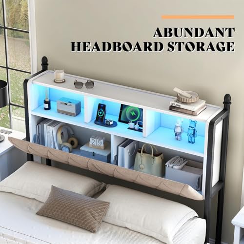 AMERLIFE Full Size Bed Frame with Bookcase Headboard, Charging Station, Rustic Brown H544