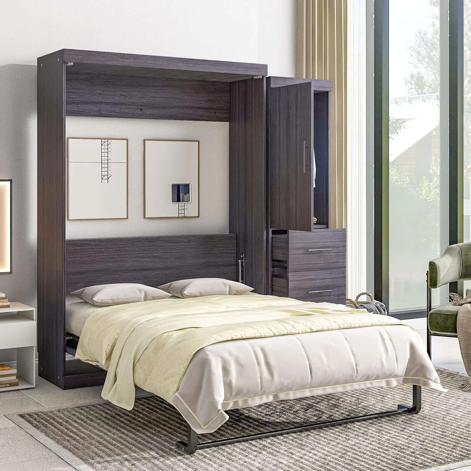 Full Size Murphy Bed Storage Cabinet with Wardrobe and Drawers I85376