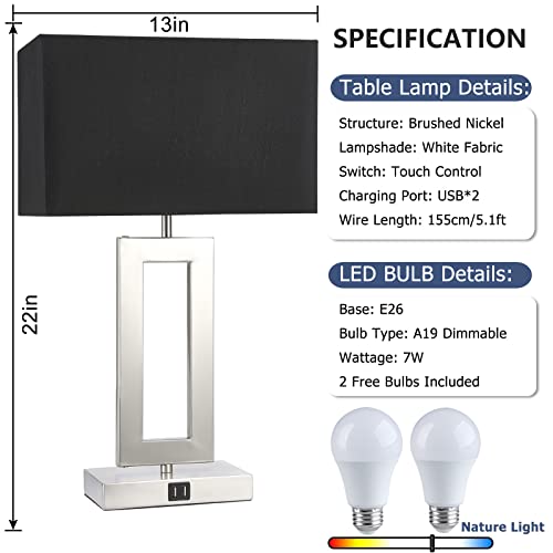 22" Touch Control Table Lamps with USB Ports, Dimmable, Gold & White V1178